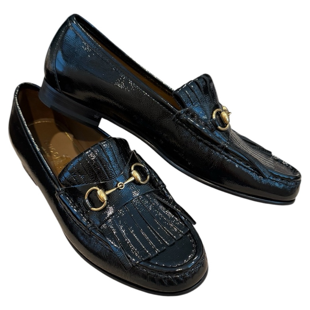 GUCCI black patent kiltie gold horsebit flat loafer 38 Made in Italy NEW